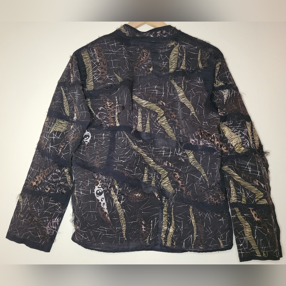 chicos animal print distressed patchwork light jacket, sz 1 (small)